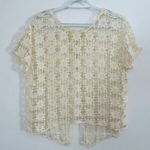 Delia's Y2K Festival Summer Floral Crochet Lace Split Back SS Top Ivory Size M/L